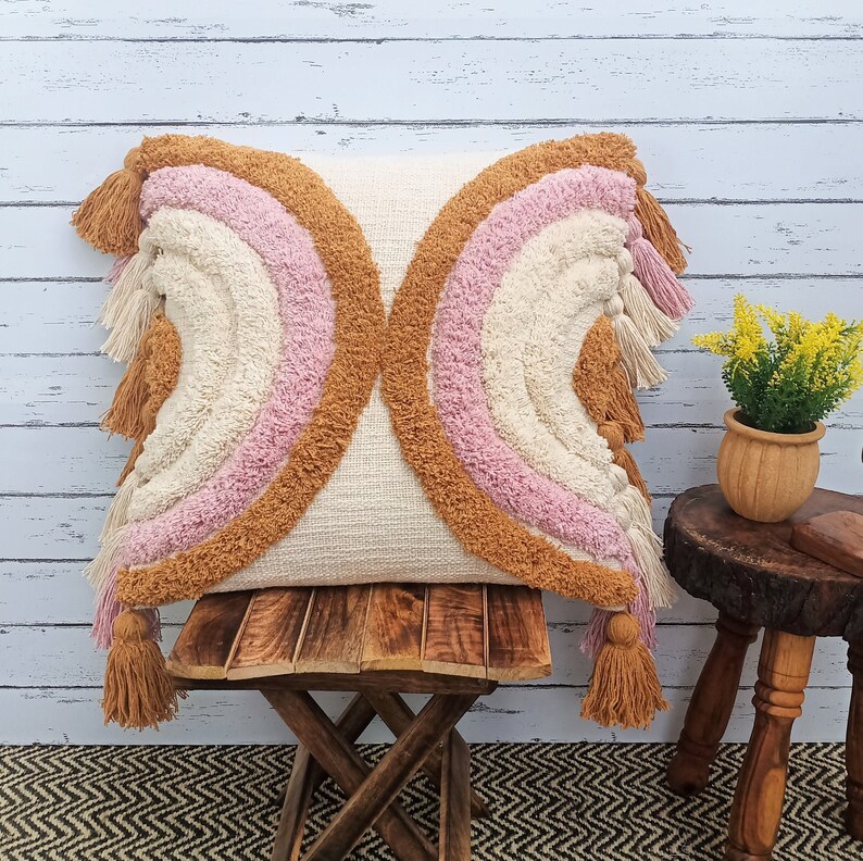 Pink Mustard Yellow & Natural White Tassels Pillow Cover Boho Etsy