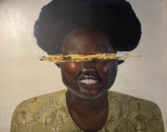 May include: Oil painting portrait of a person with dark skin, a large black afro, and a gold-colored horizontal bar obscuring the eyes. The person is smiling, wearing a light green patterned top, set against a cream-colored background.