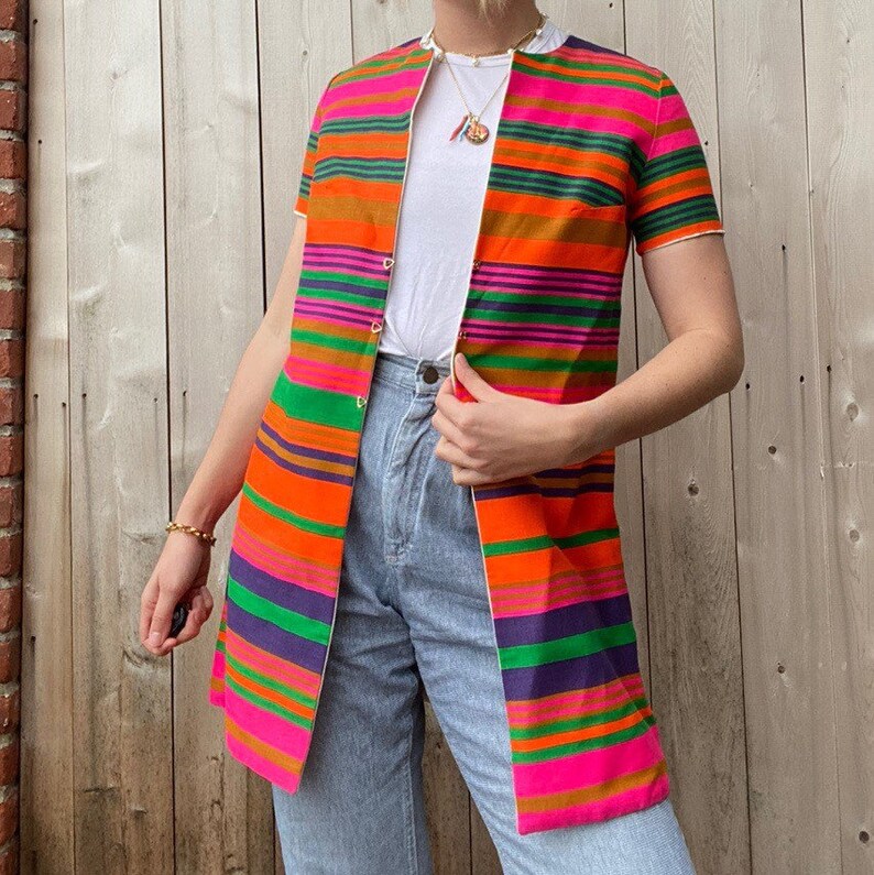 tan linen long blazer 60s mod jacket vintage Gogo Vintage 60s rainbow striped short sleeve reversible blazer jacket 1960s striped