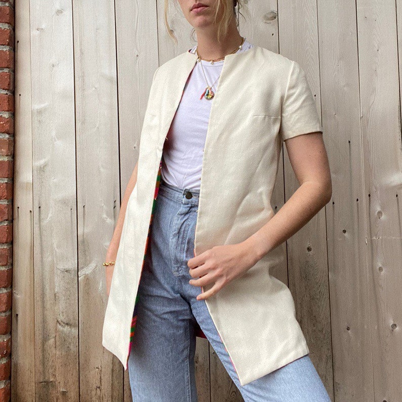 tan linen long blazer 60s mod jacket vintage Gogo Vintage 60s rainbow striped short sleeve reversible blazer jacket 1960s striped