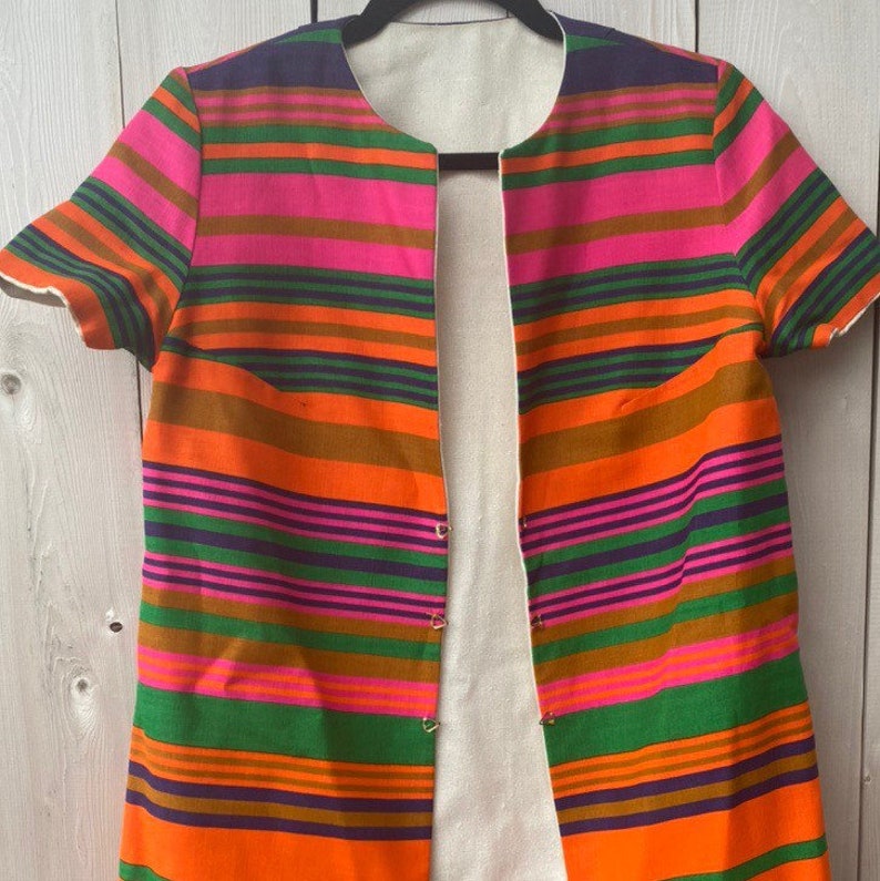 tan linen long blazer 60s mod jacket vintage Gogo Vintage 60s rainbow striped short sleeve reversible blazer jacket 1960s striped