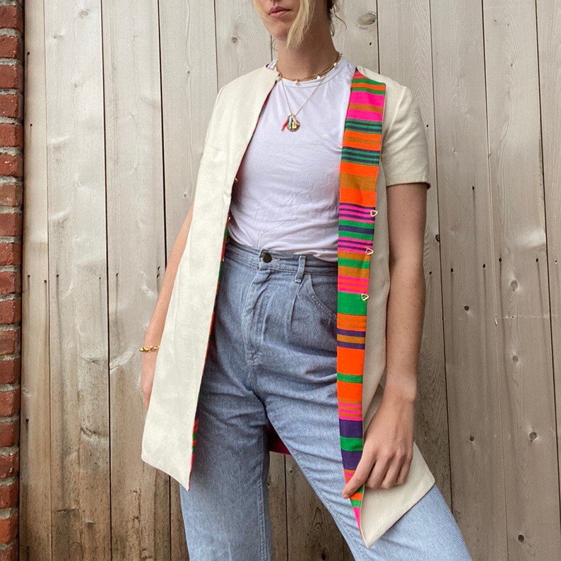 tan linen long blazer 60s mod jacket vintage Gogo Vintage 60s rainbow striped short sleeve reversible blazer jacket 1960s striped