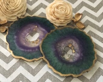 Kitchenware Ready to Ship Drinkware Set of 3 Large Resin PurpleClearSilver Flake Drink Coasters Housewarming