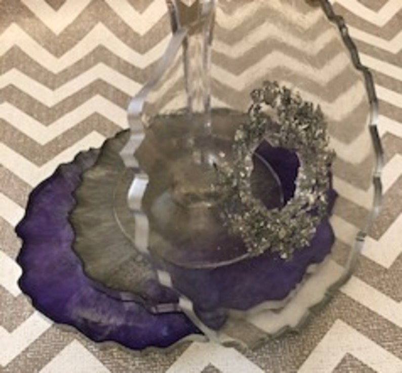 Kitchenware Ready to Ship Drinkware Set of 3 Large Resin PurpleClearSilver Flake Drink Coasters Housewarming