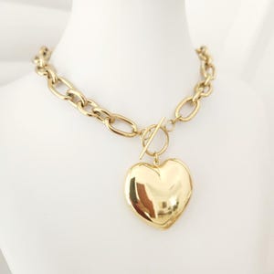 Gold Heart Necklace, Thick Chain with Puffy Heart, Toggle Clasp, Stainless Steel, Giant Gold Heart, Gift for Women