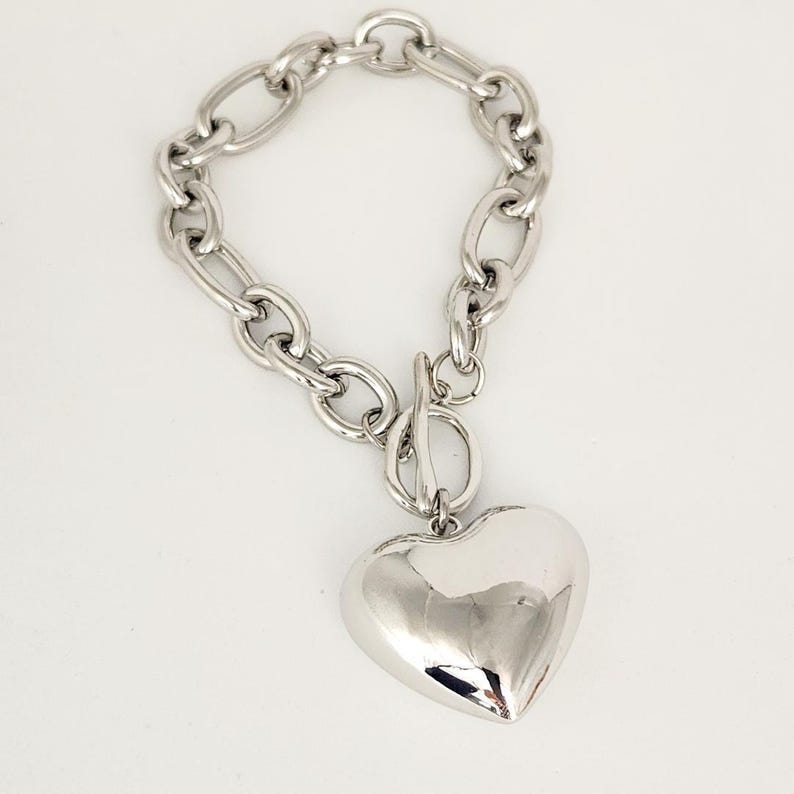 Puuff Silver Heart Bracelet, Thick Heart Bracelet, Silver Toggle Clasp ...