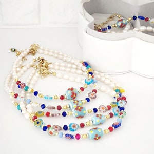 淡水パールとムラーノパールのビーズネックレス、ビーズネックレス、パールネックレス、ミルフィオーリネックレス、カラフルなチョーカー、ボヘミア