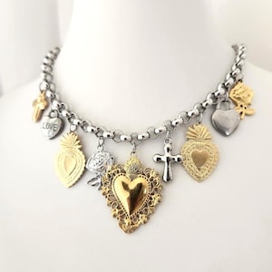 Sacred Heart Necklace, Ex Voto, Multi-Charm in Gold and Silver, Thick Charms, Stainless Steel, Statement Catholic Jewelry