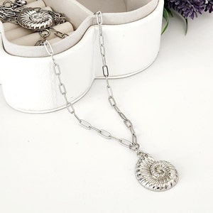 Silver Seashell Necklace, Beach Jewelry, Clip Chain