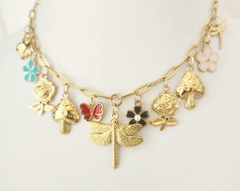 Gold Dragonfly Necklace, Multi-Charm, Insects, Flowers, Mushrooms, Paperclip Chain, Stainless Steel, Statement Necklace, Gift for her