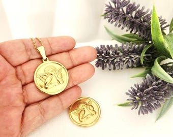 Collar de ángel de la guarda, colgante querubín en Oro, Joyería Religiosa