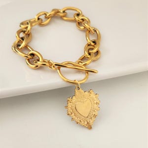 Heiliges Herz Ex Voto Armband, Gold Religiöser Schmuck, Dickes Gliederarmband, Edelstahl, Alltagsmode
