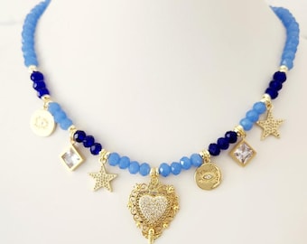 Multi-charm heart bead necklace, handmade artisan jewelry
