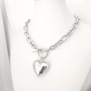 Big Heart Necklace Silver, Stainless Steel, Women&#39;s Fashion Jewelry, Statement Accessory, Gift Idea, Toggle Clasp.