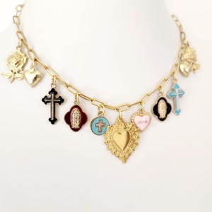 Sacred Heart of Jesus Necklace in Gold - Multi-Charm Religious Necklace - Virgin of Guadalupe and Cross - Mexican Jewelry