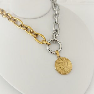 Mercury Dime Pendant Necklace, Two Tone Chunky Chain Necklace with Replica Mercury Dime Pendant, US Coin Jewelry, 1944 Dime Pendant Jewelry