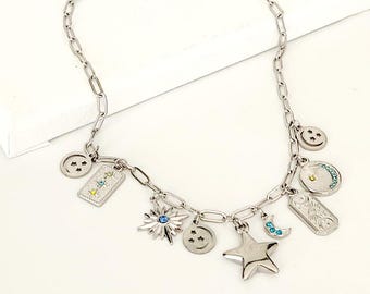 Star, Sun and Moon Necklace, Multi Charm Necklace, Stainless Steel, Handmade, Celestial Necklace, Gift for Her