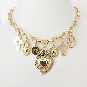 Multi-charm necklace with the Sacred Heart of Jesus and religious charms, 18k gold plated, Ex Voto, Mexican-style Catholic jewelry