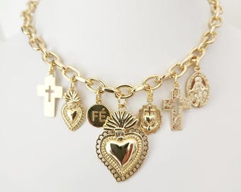 Multi-charm necklace with the Sacred Heart of Jesus and religious charms, 18k gold plated, Ex Voto, Mexican-style Catholic jewelry