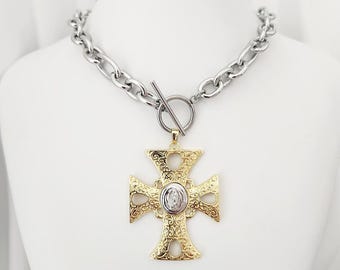 Oversized Gold and Silver Cross Necklace, Virgin of Guadalupe Pendant, Mexican Catholic Jewelry, Religious Necklace for Women, Gift of Faith