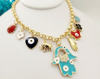 Collar de la Mano Fátima, Collar Multi Amuletos  Protección  y Buena Suerte, Collar Colorido Hamsa