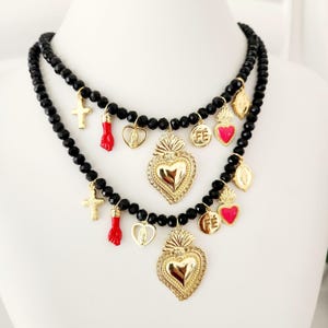 Heiliges Herz Halskette Schwarze Kristallperlen, Ex Voto, Boho Schmuck, Mexikanischer Stil