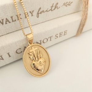 Sacred Heart of Gold Necklace - Catholic Necklace, Stainless Steel