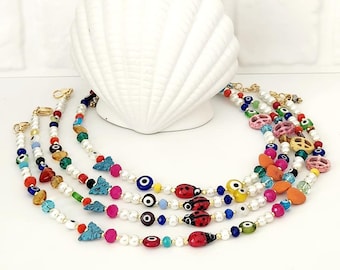 Colorful pearl choker with gemstone beads , Summer beaded choker, Fun y2k necklace, LadyBug Necklace, Summer Necklace, Gemstone Choker