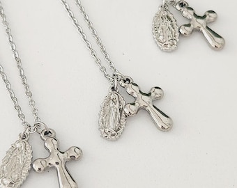 Virgin of Guadalupe necklace with cross in silver, Religious Jewelry, Mexican Jewelry