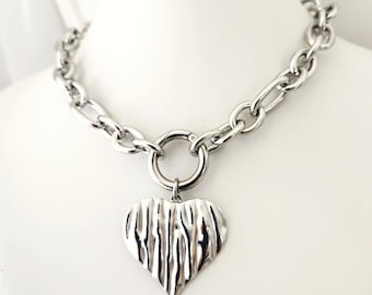 Large Heart Necklace, Silver Heart Pendant, Thick Silver Chain, Stainless Steel, Maximalist Jewelry, Retro Jewelry, 90s Style