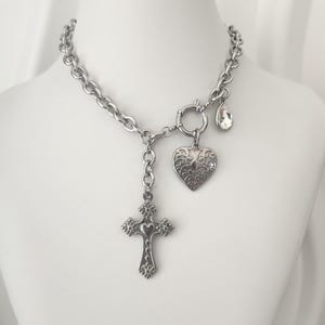 Silver Lariat Necklace with Silver Cross, Y Necklace, Vintage Style, Stainless Steel, Sacred Heart Cross Statement Necklace