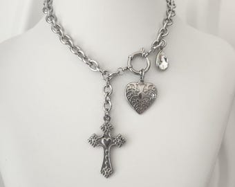 Silver Lariat Necklace, Stainless Steel Bow, Cross and Heart Pendant, Vintage Style, Religious Jewelry, Gift for Her