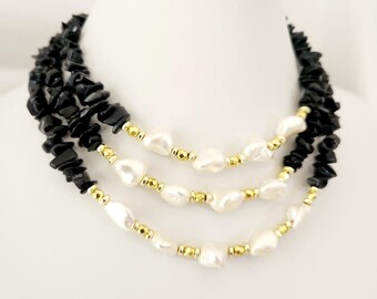 Black onyx necklace with pearl, Gemstone and pearl choker, Bohemian summer jewelry, Mother's Day gift