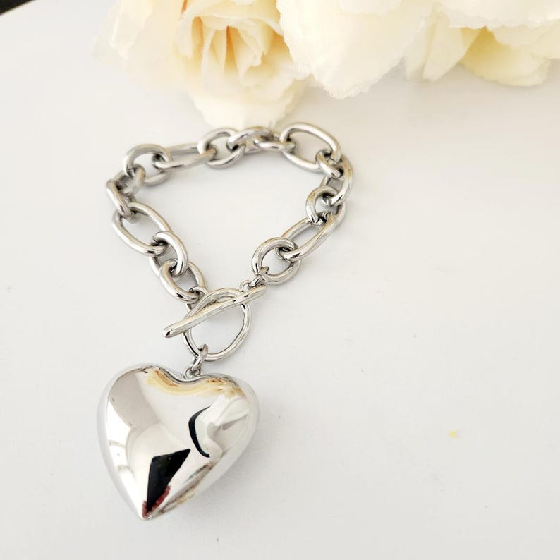 Puuff Silver Heart Bracelet, Thick Heart Bracelet, Silver Toggle Clasp ...