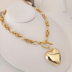 Chunky Gold Heart Necklace, Chunky Heart, Toggle Clasp Necklace, Gift for Her, Stainless Steel, Valentine&#39;s Day Gift