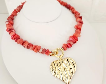Rote Korallenkette, Herzkette aus roten Korallenperlen, natürliches Korallen-Choker für Frauen, unregelmäßige rote Korallenperlen