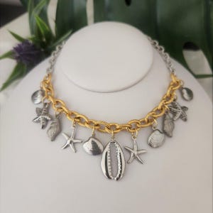 Summer Necklace Multi-Charm Sailor Charms , Gold and Silver, Chunky in Gold and Silver, Nautical Jewelry, Waterproof Mermaid Necklace,