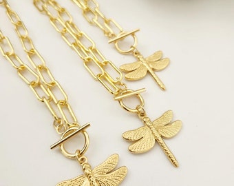 Gold Dragonfly Necklace with Gold Clip Chain, Christmas Gift