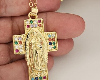 Our Lady of Guadalupe Necklace, Thick Cross Pendant with Image of the Virgin, Catholic Jewelry, Mexican Necklace