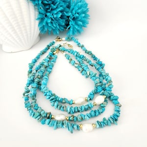 Turquoise Choker with Pearls, Bohemian Turquoise Bead Necklace, Handmade