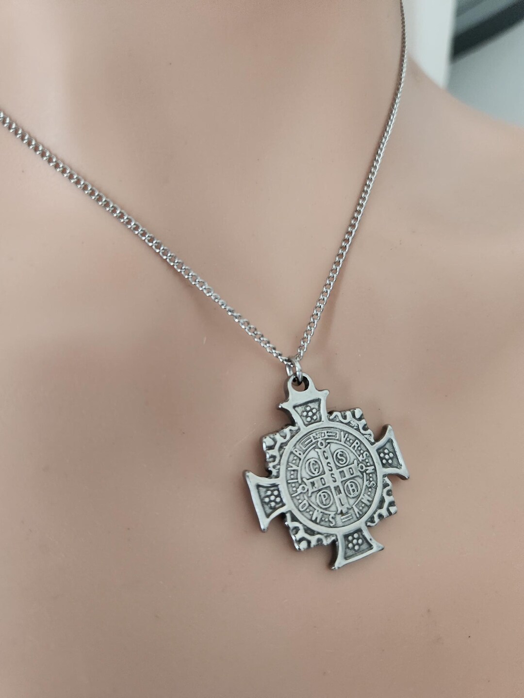 Saint Benedict Cross Necklace in Silver | Vintage Religious Jewelry ...