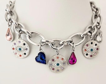 Lucky Charm Choker, Multi-Charm Necklace, Thick Silver Chain/Evil Eye Necklace/Silver Chain Choker,