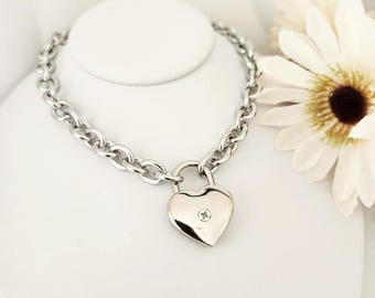 Silberne Kette mit Vorhängeschloss, herzförmiges Vorhängeschloss, handgefertigt aus Edelstahl: Massiver silberner Unisex-Schmuck