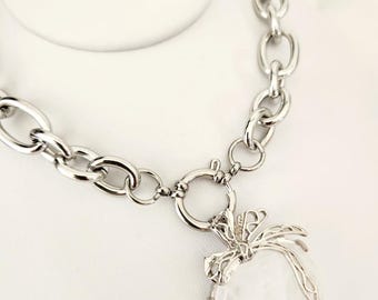 White Quartz Heart Necklace, Thick Silver Chain, Stainless Steel