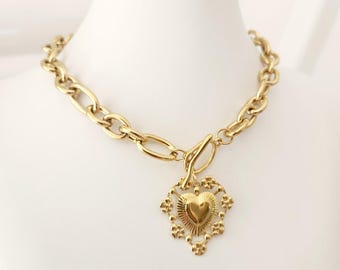 Gold Sacred Heart Necklace, Stainless Steel Multi Toggle Necklace, Gold Heart Necklace, , Ex Voto Necklace , Chunky Charm Necklace