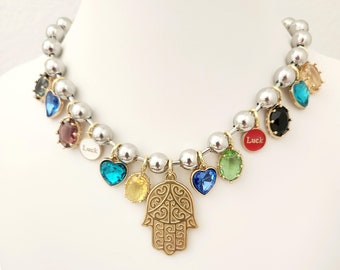 Hamsa Necklace, Gold and Silver Necklace, Two Tone Multi Charm Necklace, Mothers Gift,, Fatima Hand Necklace, Talisman Necklace,
