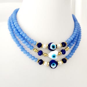 Evil Eye Necklace, Blue White Nazar Amulet in Crystal Beads, Protective Jewelry, Choker