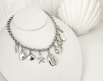 Sea charms necklace, multi charms necklace, Silver summer necklace, shell Necklace, Sea Life Multi Charm Necklace, Made in Puerto Rico