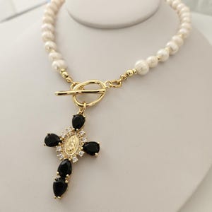 Genuine Pearl Necklace with Cross with Image of the Virgin of Guadalupe, Gift for Her, Handmade