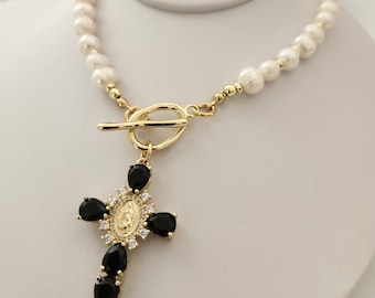 Our Lady of Guadalupe Necklace, Large Cross Pendant, Genuine Pearls, Handmade, Catholic Jewelry, Gift for Her